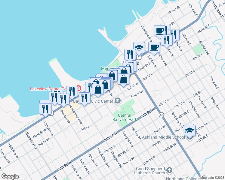 map of restaurants, bars, coffee shops, grocery stores, and more near 316 Main Street West in Ashland