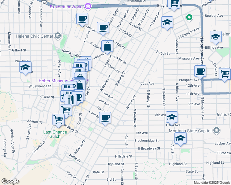 map of restaurants, bars, coffee shops, grocery stores, and more near 515 North Ewing Street in Helena
