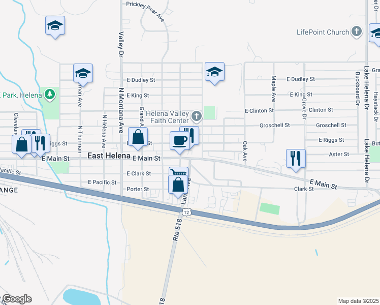 map of restaurants, bars, coffee shops, grocery stores, and more near 704 East Main Street in East Helena