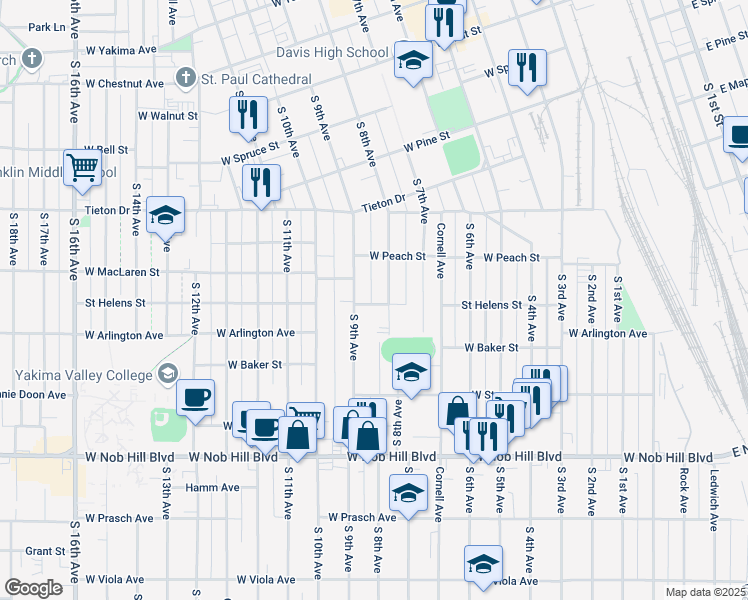 map of restaurants, bars, coffee shops, grocery stores, and more near 720 Saint Helens Street in Yakima