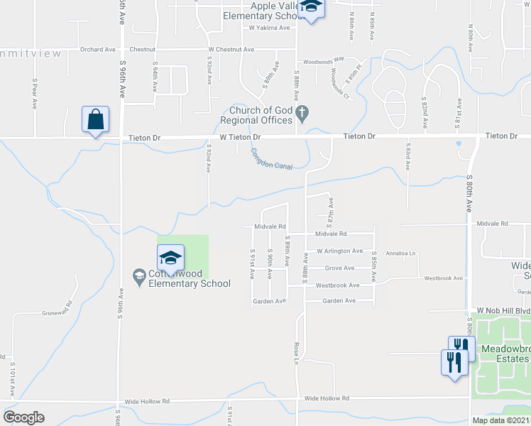 map of restaurants, bars, coffee shops, grocery stores, and more near 8910 Webster Avenue in Yakima