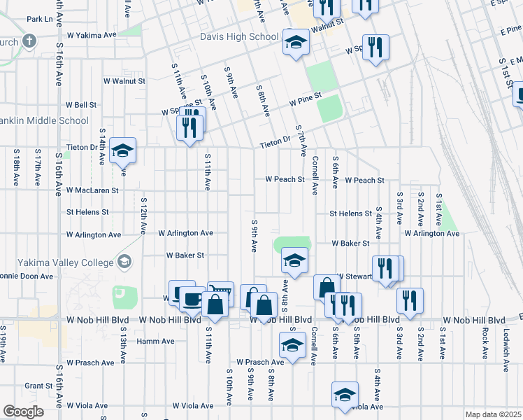 map of restaurants, bars, coffee shops, grocery stores, and more near 720 Saint Helens Street in Yakima