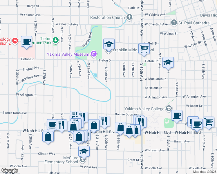 map of restaurants, bars, coffee shops, grocery stores, and more near 715 South 20th Avenue in Yakima