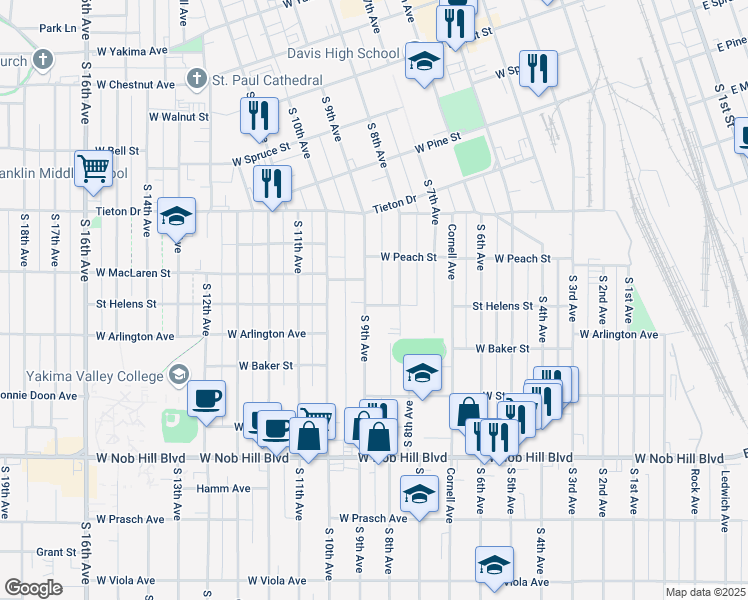map of restaurants, bars, coffee shops, grocery stores, and more near 720 Saint Helens Street in Yakima