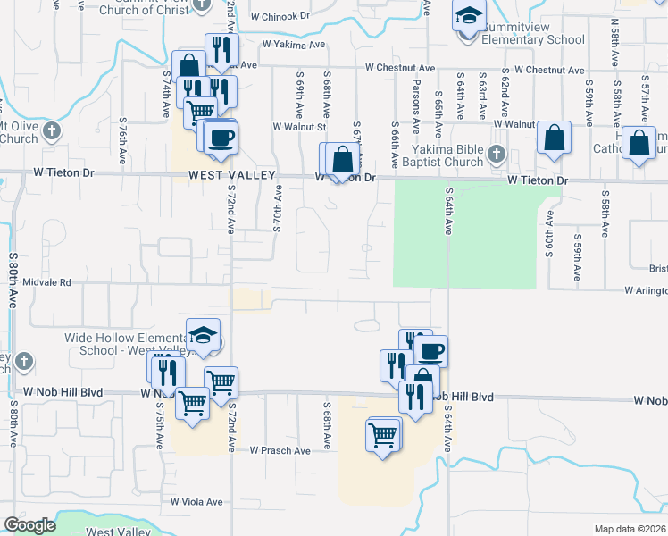 map of restaurants, bars, coffee shops, grocery stores, and more near 6803 Bristol Way in Yakima