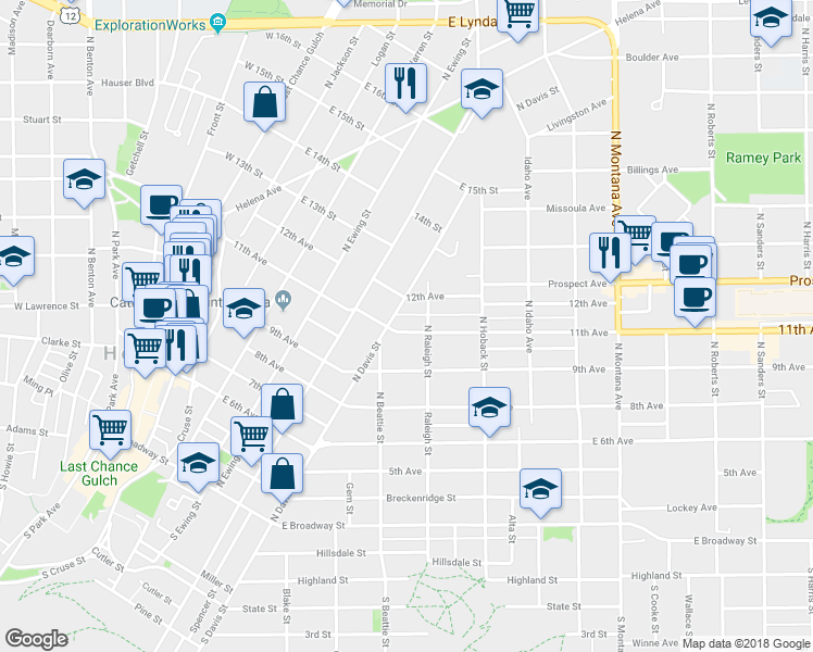 map of restaurants, bars, coffee shops, grocery stores, and more near 716 11th Avenue in Helena
