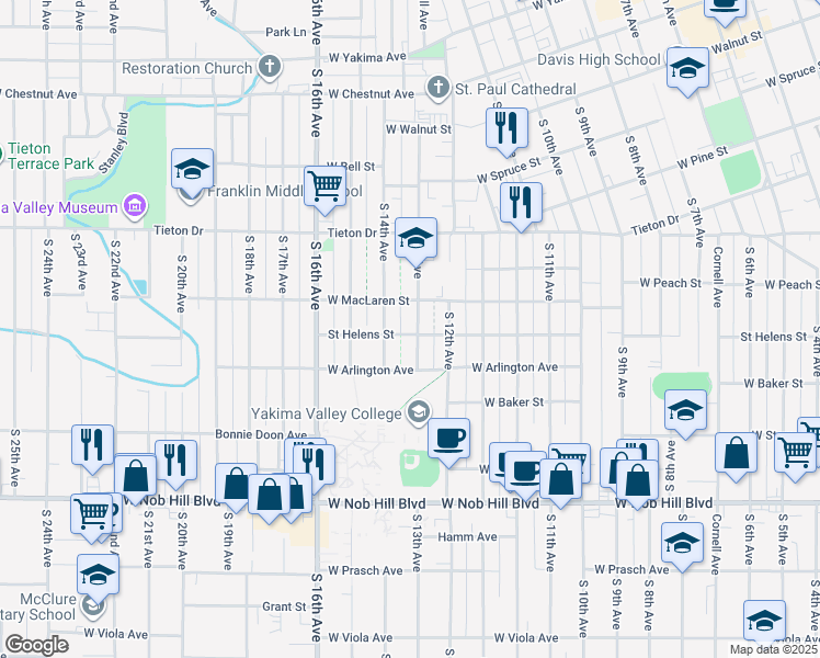 map of restaurants, bars, coffee shops, grocery stores, and more near 712 South 13th Avenue in Yakima