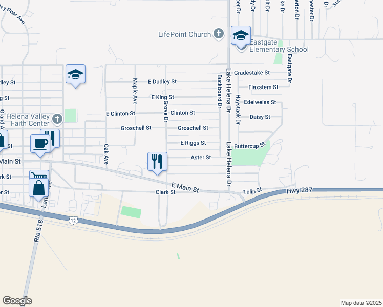 map of restaurants, bars, coffee shops, grocery stores, and more near 3740 Aster Street in East Helena