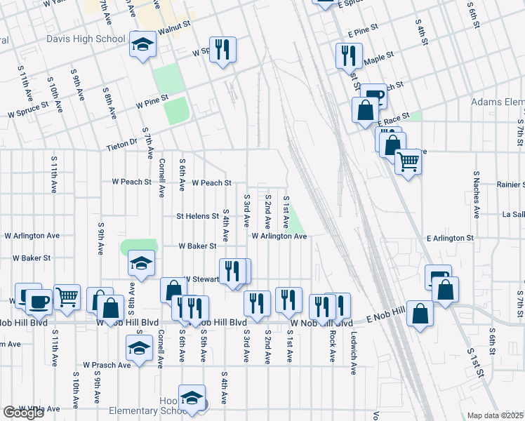 map of restaurants, bars, coffee shops, grocery stores, and more near 714 South 2nd Avenue in Yakima