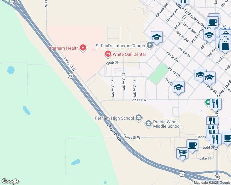 map of restaurants, bars, coffee shops, grocery stores, and more near 821 9th Avenue Southwest in Perham
