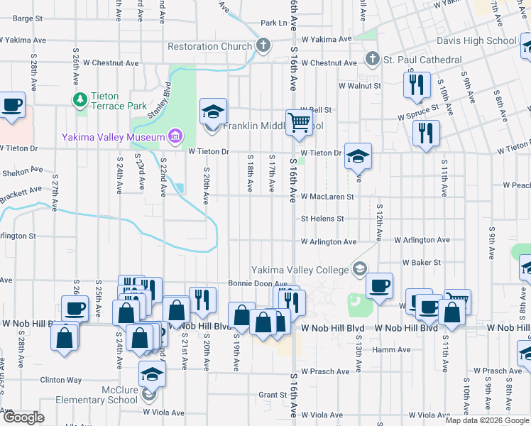 map of restaurants, bars, coffee shops, grocery stores, and more near 711 S 18th Ave in Yakima