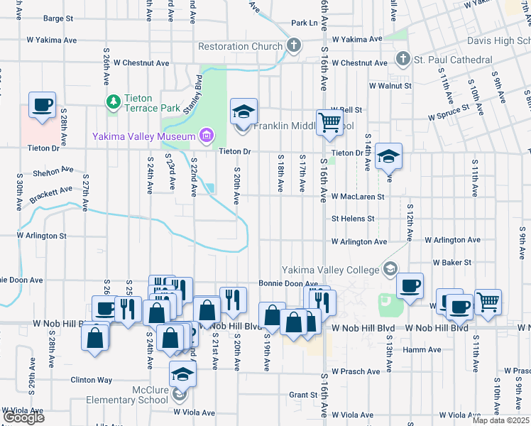 map of restaurants, bars, coffee shops, grocery stores, and more near 711 South 19th Avenue in Yakima