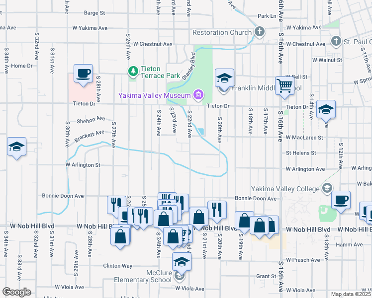 map of restaurants, bars, coffee shops, grocery stores, and more near 710 S 22nd Ave in Yakima