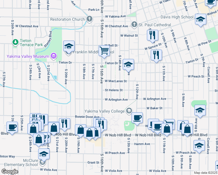 map of restaurants, bars, coffee shops, grocery stores, and more near 710 South 15th Avenue in Yakima