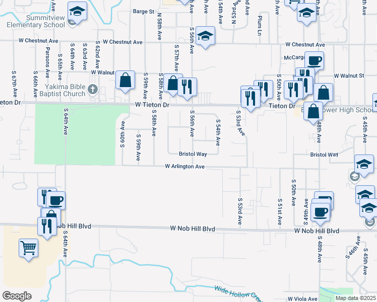 map of restaurants, bars, coffee shops, grocery stores, and more near 5601 Bristol Way in Yakima