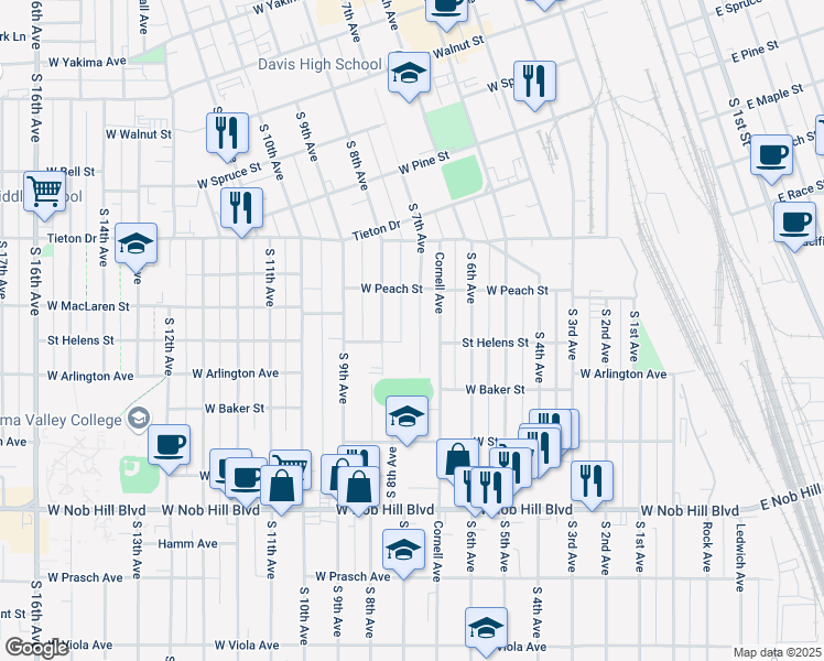 map of restaurants, bars, coffee shops, grocery stores, and more near 718 South 7th Avenue in Yakima