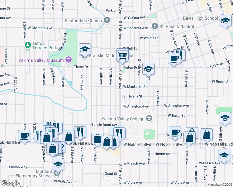 map of restaurants, bars, coffee shops, grocery stores, and more near 708 South 16th Avenue in Yakima