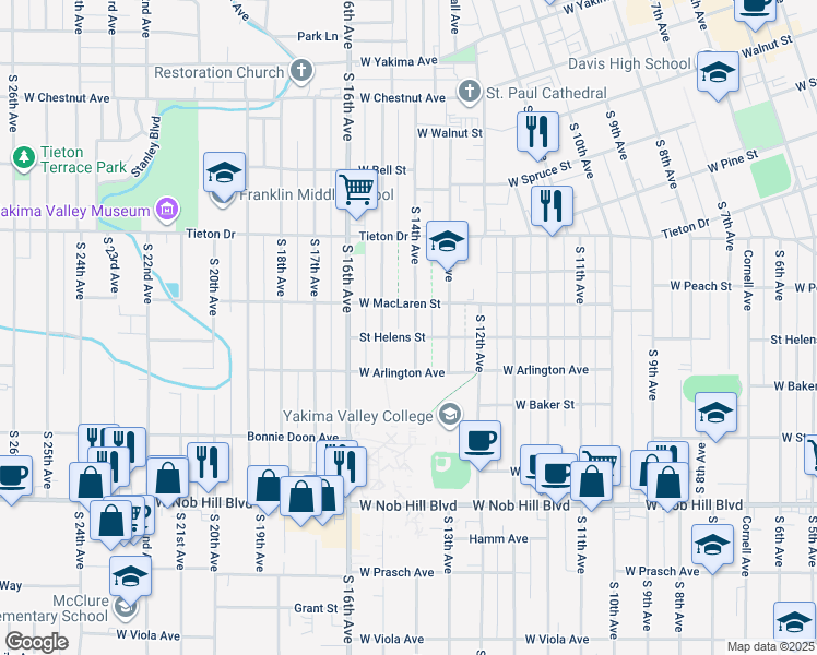 map of restaurants, bars, coffee shops, grocery stores, and more near 710 South 14th Avenue in Yakima