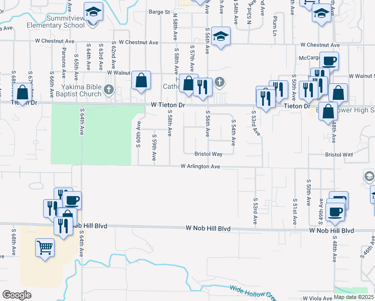 map of restaurants, bars, coffee shops, grocery stores, and more near 805 South 57th Avenue in Yakima