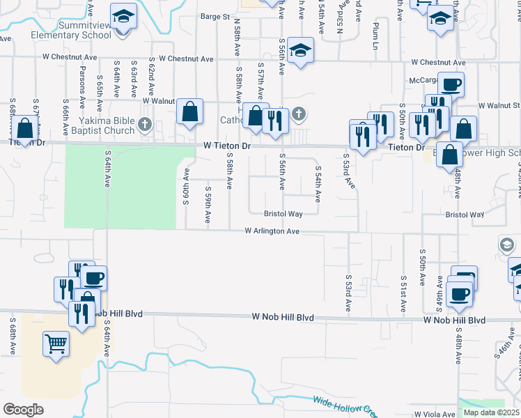 map of restaurants, bars, coffee shops, grocery stores, and more near 805 South 57th Avenue in Yakima