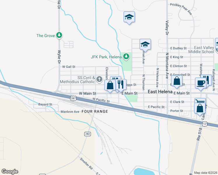 map of restaurants, bars, coffee shops, grocery stores, and more near 6 West Main Street in East Helena