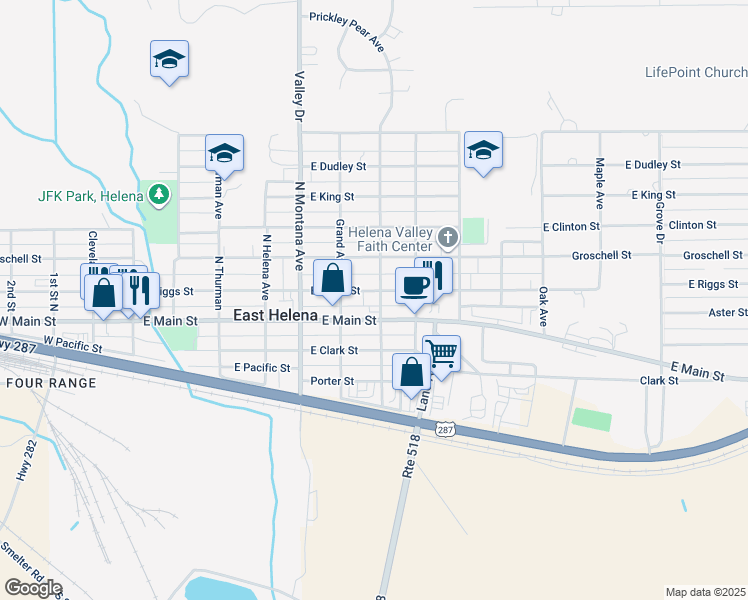map of restaurants, bars, coffee shops, grocery stores, and more near 505 East Riggs Street in East Helena