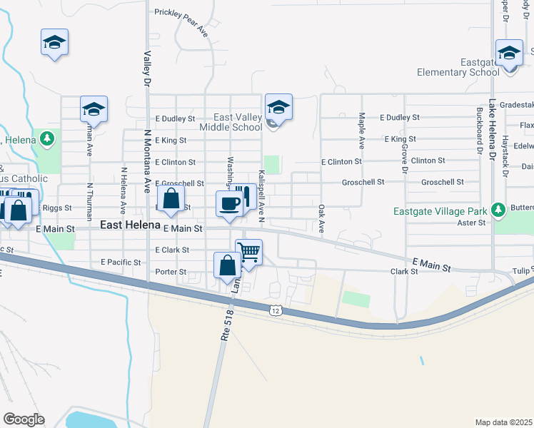 map of restaurants, bars, coffee shops, grocery stores, and more near 801 East Riggs Street in East Helena