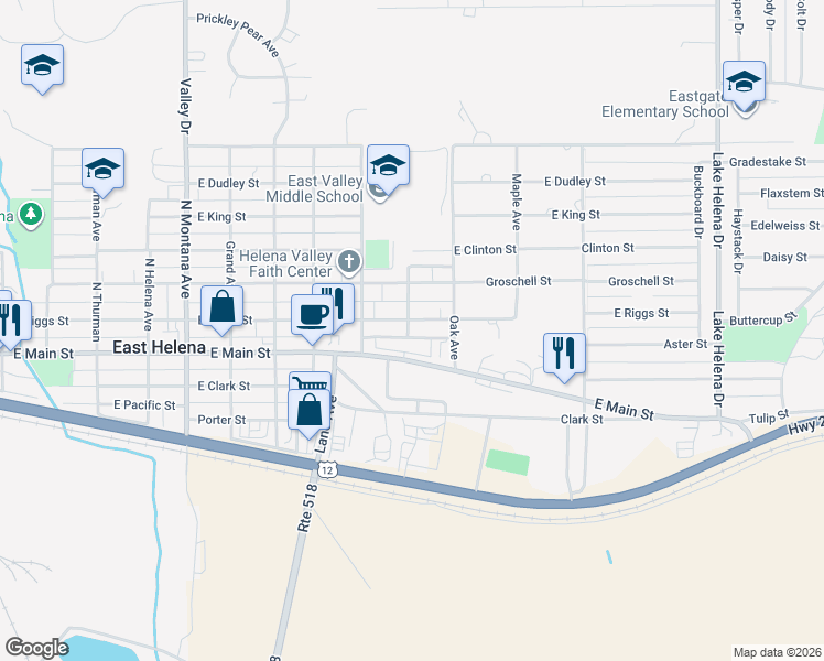 map of restaurants, bars, coffee shops, grocery stores, and more near 809 East Riggs Street in East Helena