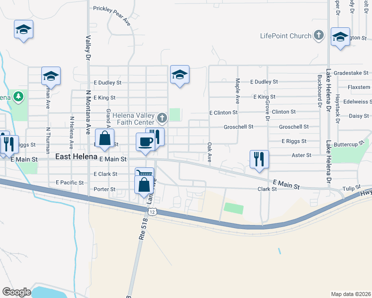 map of restaurants, bars, coffee shops, grocery stores, and more near 809 East Riggs Street in East Helena