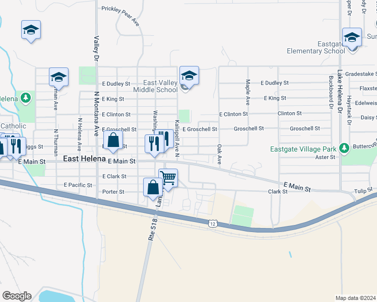 map of restaurants, bars, coffee shops, grocery stores, and more near 809 East Riggs Street in East Helena
