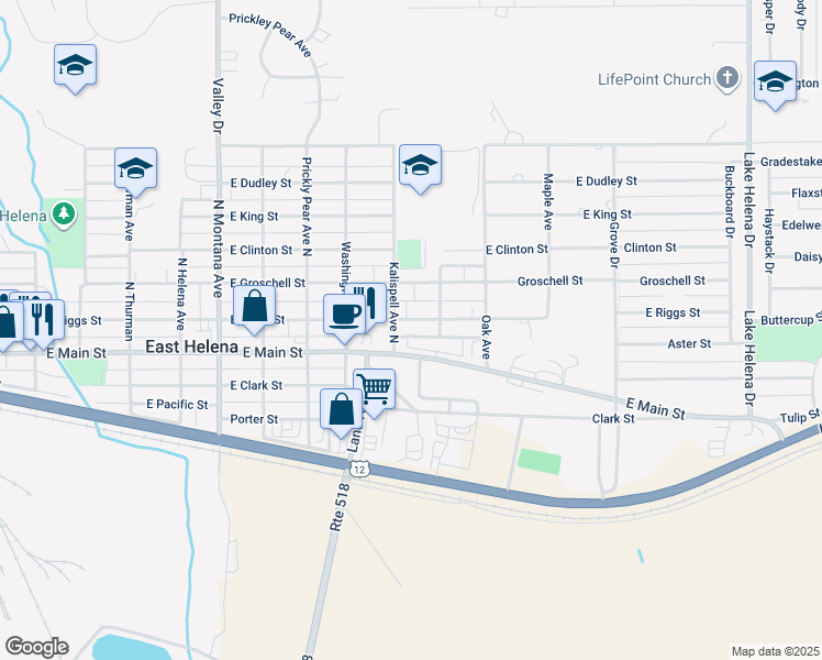 map of restaurants, bars, coffee shops, grocery stores, and more near 801 East Riggs Street in East Helena
