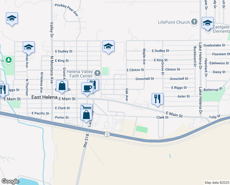 map of restaurants, bars, coffee shops, grocery stores, and more near 809 East Riggs Street in East Helena