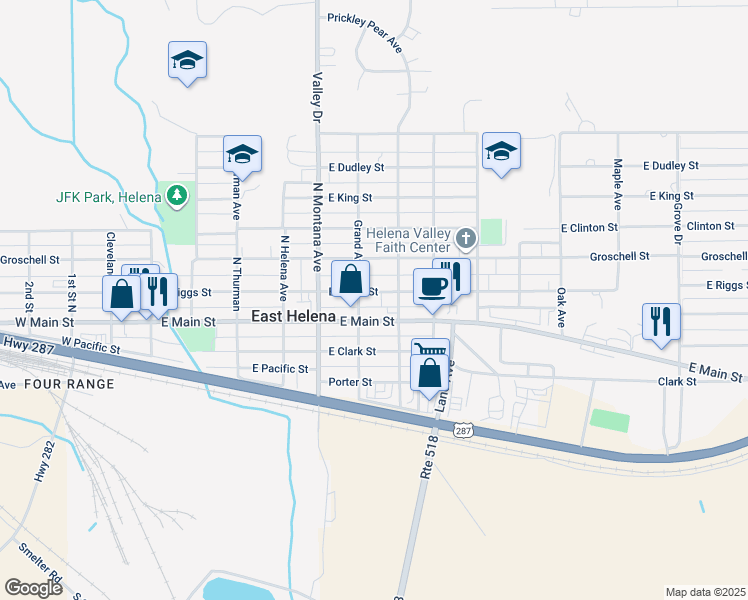 map of restaurants, bars, coffee shops, grocery stores, and more near 505 E Riggs St in East Helena