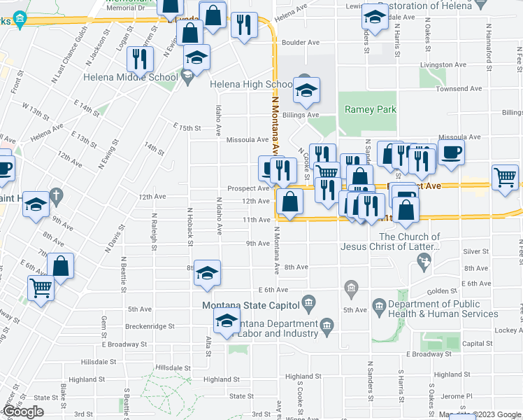 map of restaurants, bars, coffee shops, grocery stores, and more near 1150 11th Avenue in Helena