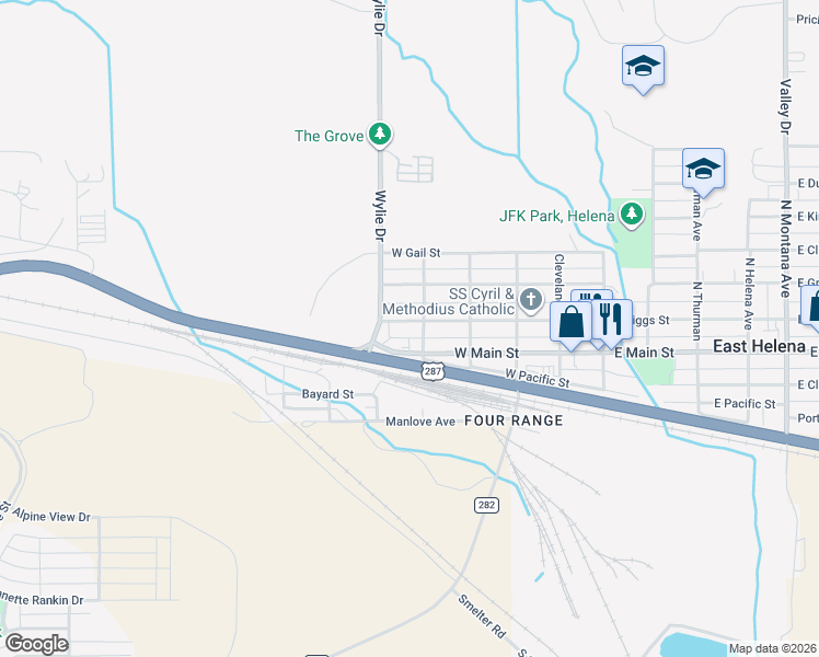 map of restaurants, bars, coffee shops, grocery stores, and more near 415 West Riggs Street in East Helena