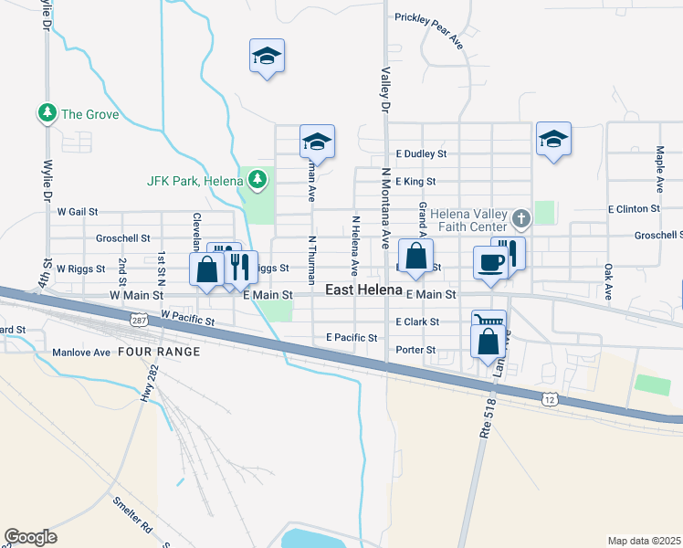 map of restaurants, bars, coffee shops, grocery stores, and more near 219 East Riggs Street in East Helena