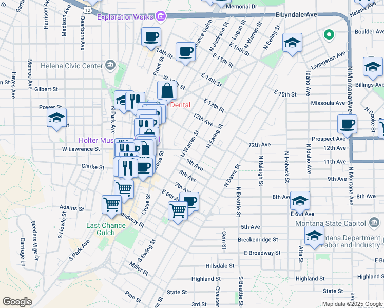map of restaurants, bars, coffee shops, grocery stores, and more near 530 North Ewing Street in Helena