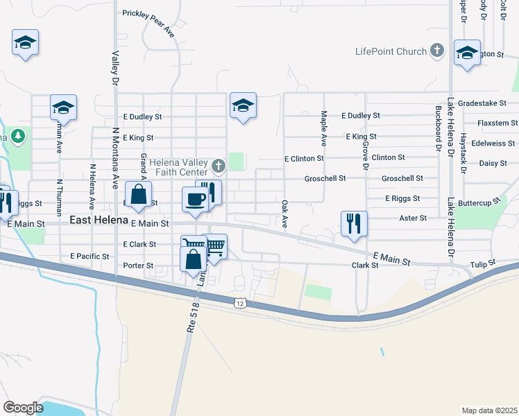 map of restaurants, bars, coffee shops, grocery stores, and more near 901 East Riggs Street in East Helena