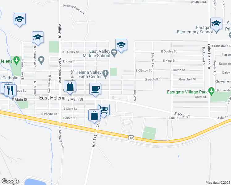 map of restaurants, bars, coffee shops, grocery stores, and more near 805 East Riggs Street in East Helena