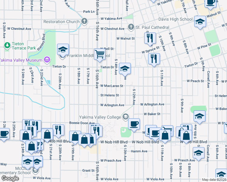 map of restaurants, bars, coffee shops, grocery stores, and more near 710 South 14th Avenue in Yakima