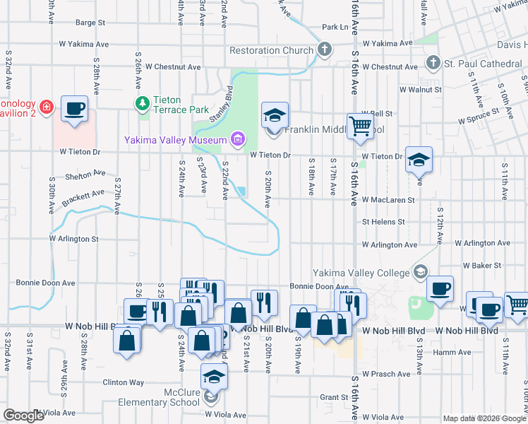 map of restaurants, bars, coffee shops, grocery stores, and more near 715 South 20th Avenue in Yakima