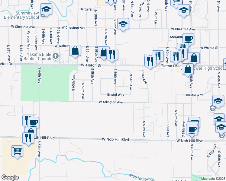 map of restaurants, bars, coffee shops, grocery stores, and more near 5601 Bristol Way in Yakima