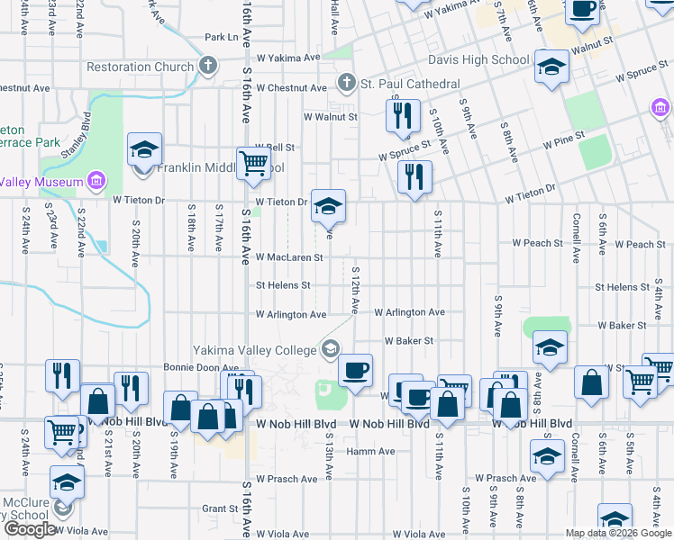 map of restaurants, bars, coffee shops, grocery stores, and more near 712 South 13th Avenue in Yakima