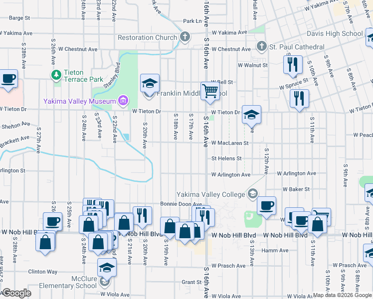 map of restaurants, bars, coffee shops, grocery stores, and more near 711 S 18th Ave in Yakima