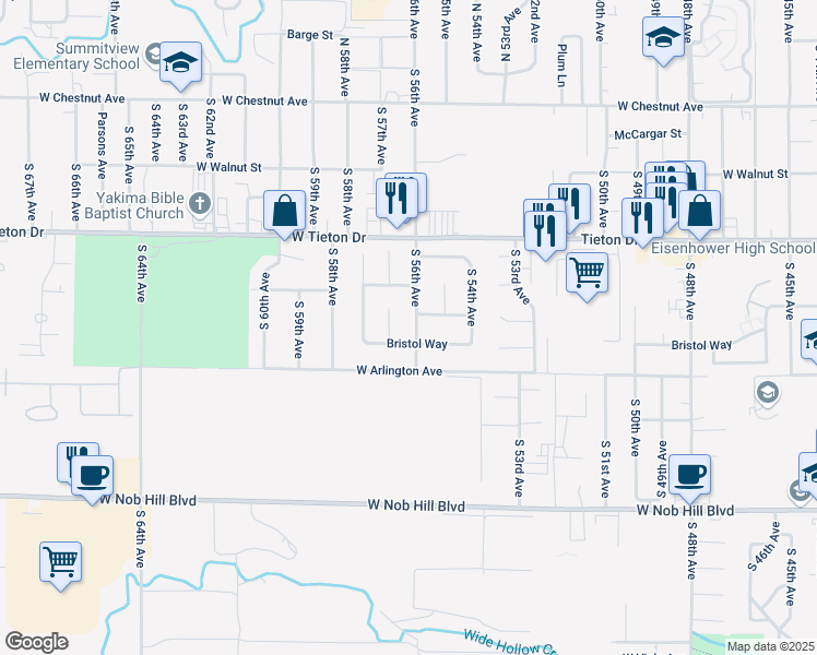 map of restaurants, bars, coffee shops, grocery stores, and more near 5601 Bristol Way in Yakima
