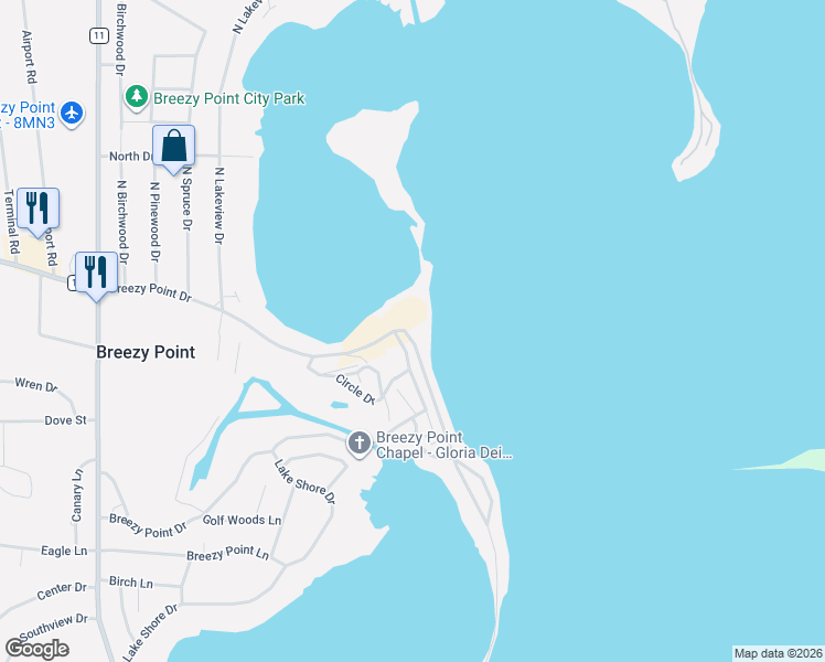 map of restaurants, bars, coffee shops, grocery stores, and more near 30215 Circle Drive in Breezy Point