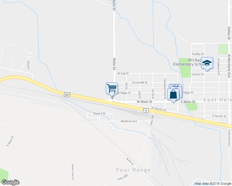 map of restaurants, bars, coffee shops, grocery stores, and more near 415 West Riggs Street in East Helena