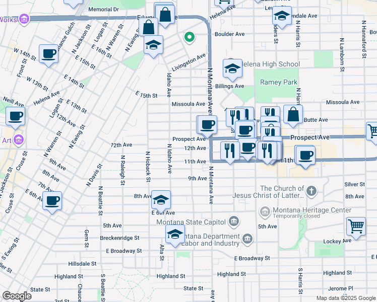 map of restaurants, bars, coffee shops, grocery stores, and more near 1035 12th Avenue in Helena
