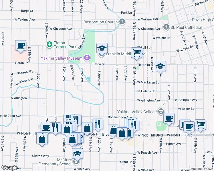 map of restaurants, bars, coffee shops, grocery stores, and more near 711 South 19th Avenue in Yakima