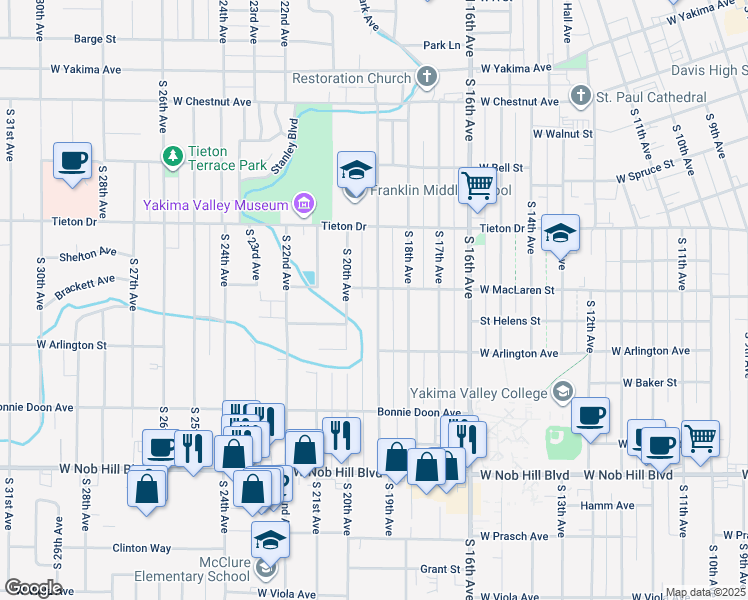 map of restaurants, bars, coffee shops, grocery stores, and more near 711 South 19th Avenue in Yakima